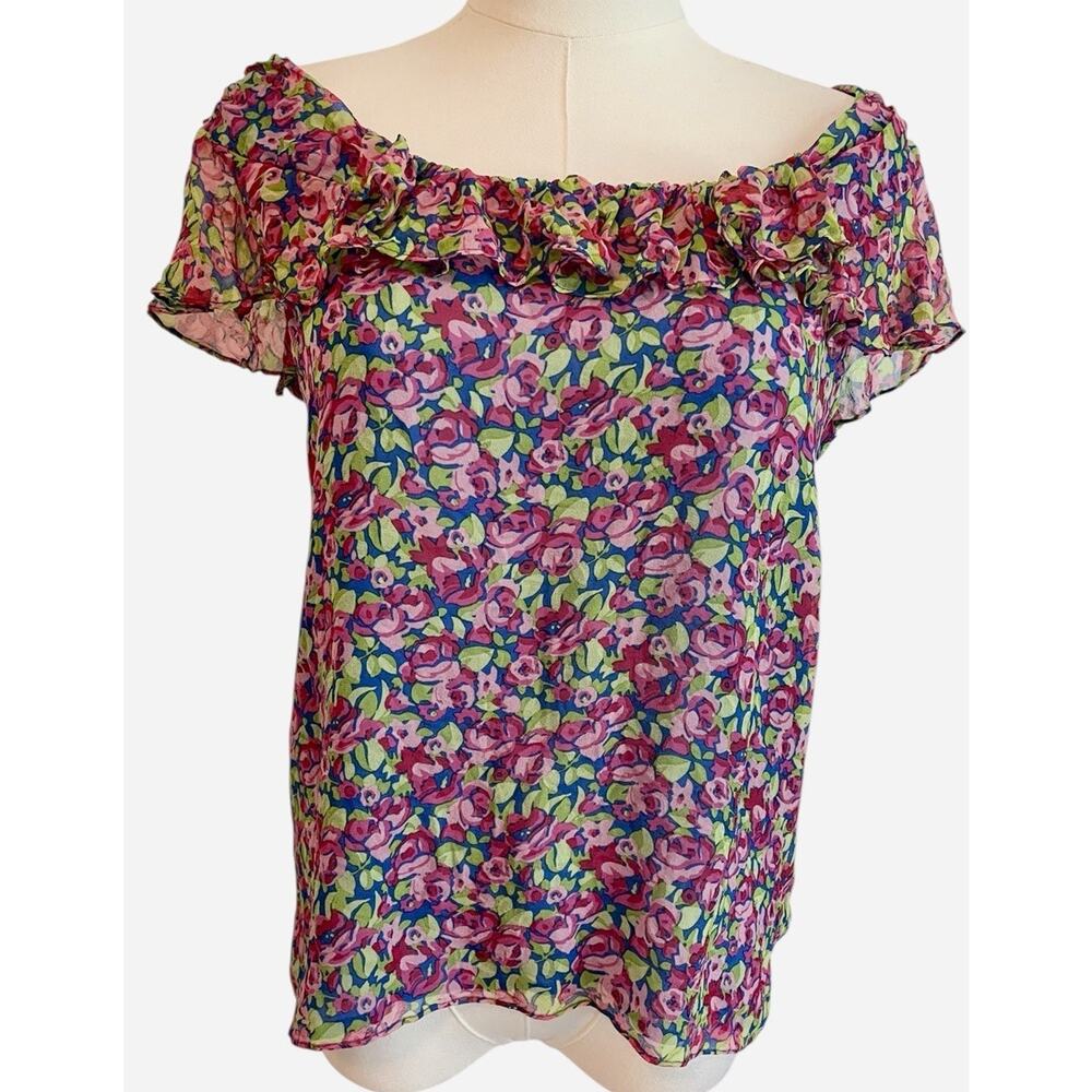 Nanette Lepore Blouse Womens Silk Ditsy Floral Fairy Ruffle Whimsy Soft Romance